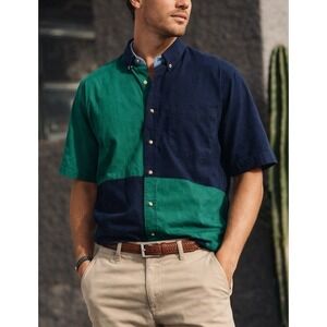 John Ashford Blue & Green Color Block Button down Short sleeve (Large)